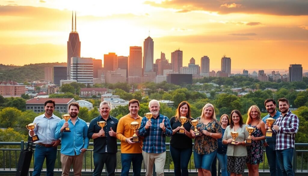 A bustling city skyline with the iconic Batman Building towering over vibrant green hills, under a golden evening sky. In the foreground, various local business owners stand proudly, each holding a trophy or award symbolizing their hard-won SEO success stories. Warm lighting illuminates their satisfied expressions as they share their journeys to the top of the search rankings. The scene exudes a sense of community, innovation, and the thrill of digital marketing triumph in the heart of Nashville.