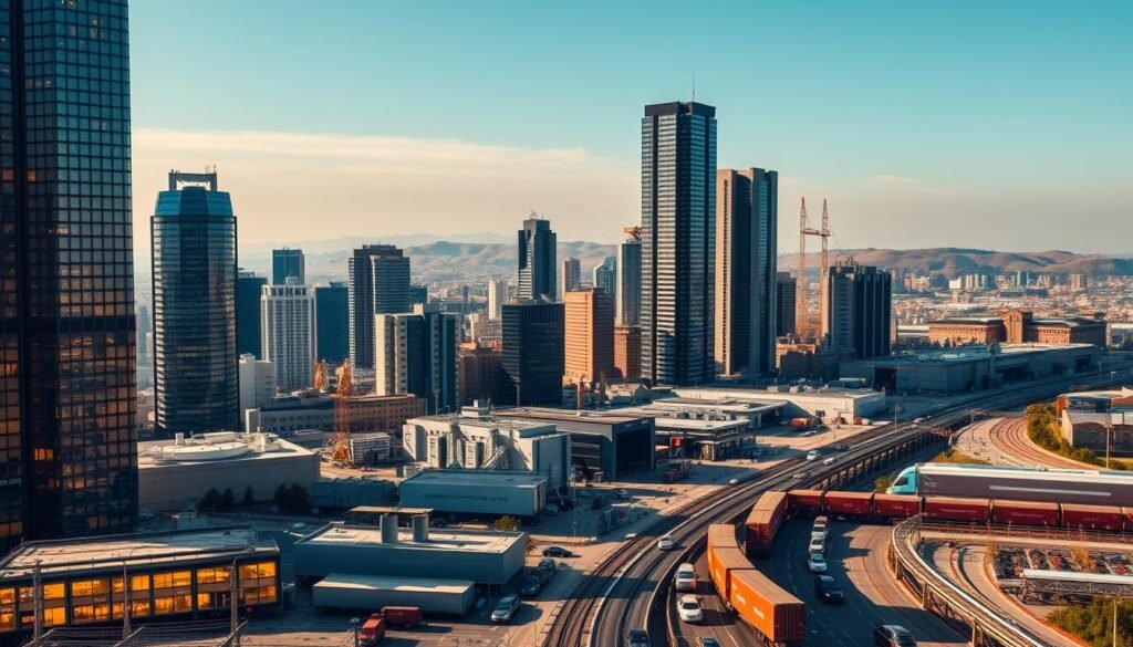 A bustling cityscape with towering skyscrapers and industrial complexes, illuminated by warm, golden lighting. In the foreground, a diverse array of businesses and industries are represented - a healthcare facility, a manufacturing plant, a tech startup office, and a logistics hub. The middle ground showcases a vibrant transportation network, with cars, trucks, and trains moving goods and people. In the background, a scenic landscape of rolling hills and a clear, azure sky, suggesting the wide range of industries and geographies served by the SEO Services Coalition. The overall composition conveys a sense of dynamic growth, interconnectedness, and specialized expertise.