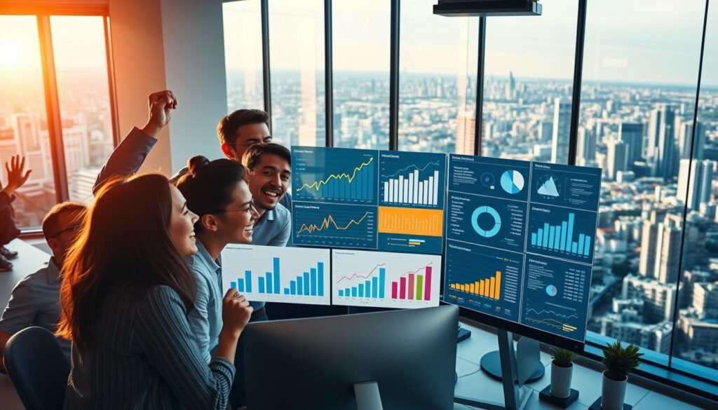 A bustling office setting, bathed in warm, natural lighting. In the foreground, a team of professionals huddle around a computer screen, expressions of triumph and excitement on their faces. The middle ground showcases an array of digital analytics, charts, and visualizations, highlighting the impressive metrics of a successful SEO campaign. In the background, a panoramic view of a thriving cityscape, symbolizing the far-reaching impact of their work. The scene conveys a sense of achievement, collaboration, and the power of data-driven digital marketing strategies.