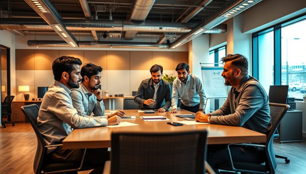 A bustling office setting in Pakistan, with a group of five SEO experts gathered around a large conference table, deep in discussion. The room is well-lit, with a warm, inviting ambiance created by a combination of natural light filtering through large windows and soft, directional lighting fixtures. The experts are dressed in professional attire, their expressions focused and determined as they collaborate on strategies to drive organic growth for their clients' businesses. In the background, a subtle blend of technological elements, such as desktop computers and whiteboards, hints at the data-driven nature of their work. The overall atmosphere conveys a sense of expertise, efficiency, and a commitment to delivering impactful SEO services.