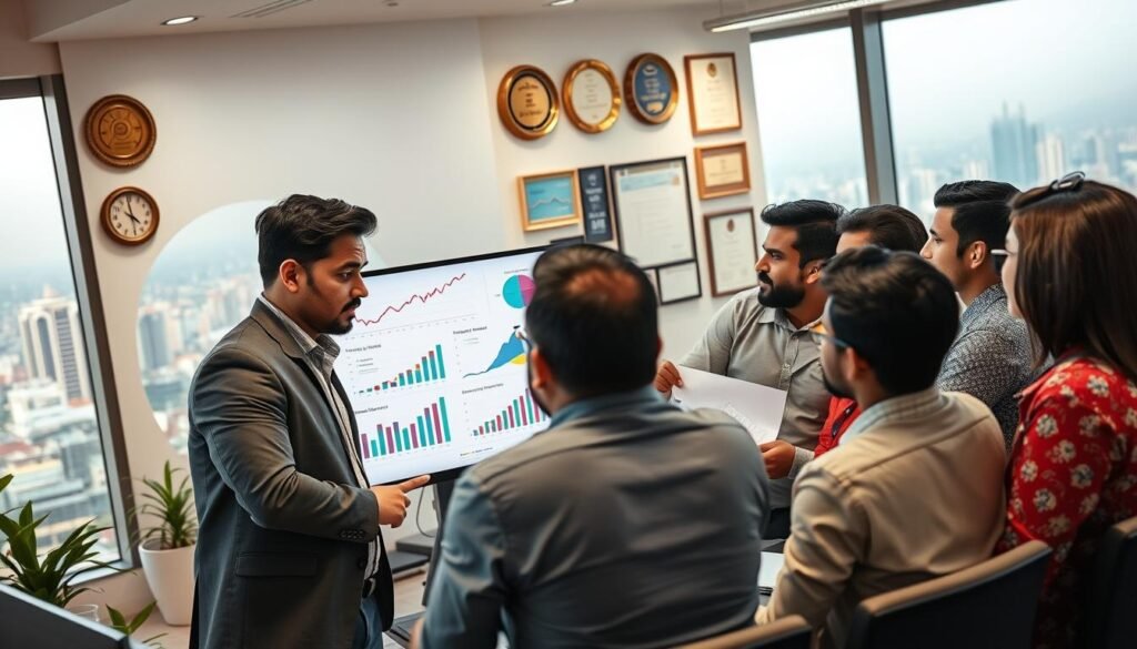 A bustling office setting with a team of digital marketing professionals huddled around a large monitor, analyzing charts and graphs that showcase their successful SEO campaigns for Pakistani businesses. The foreground features a confident team leader presenting the data, their expressions exuding a sense of pride and accomplishment. The middle ground showcases a wall adorned with awards and certificates, highlighting the agency's expertise and track record. The background subtly depicts the vibrant cityscape of Karachi, hinting at the thriving business ecosystem that has enabled these SEO success stories to emerge. The scene is illuminated by a warm, natural lighting that creates a professional and aspirational atmosphere, inviting the viewer to imagine their own business benefiting from such impactful SEO services.