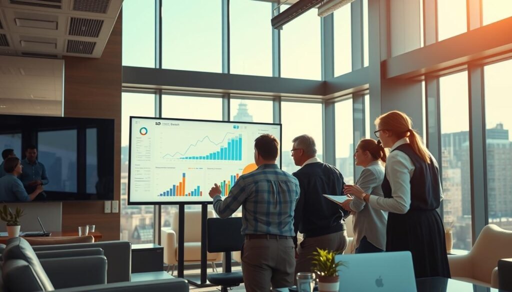 A bustling office with sleek, modern furniture and state-of-the-art tech. In the foreground, a team of professionals huddle around a large monitor, analyzing charts and graphs that showcase the remarkable growth of a local Boston business. Sunlight streams in through floor-to-ceiling windows, illuminating their faces with a sense of triumph. In the background, the iconic skyline of Boston's financial district looms, a testament to the power of effective SEO strategies to elevate a company's presence and success. The scene exudes a palpable energy, conveying the excitement and pride of a well-executed SEO campaign that has transformed a small business into a thriving enterprise.