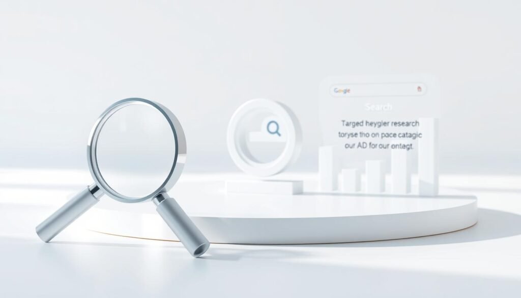 A detailed 3D illustration depicting the SEO process, with a clean and organized layout. In the foreground, a magnifying glass symbol represents comprehensive website analysis, while a search engine icon in the middle ground symbolizes targeted keyword research. In the background, a digital graph or chart visualizes the implementation of on-page and off-page optimization techniques. The scene is illuminated by a soft, natural lighting, creating a professional and informative atmosphere. The overall composition is balanced, with a subtle color palette that complements the subject matter.