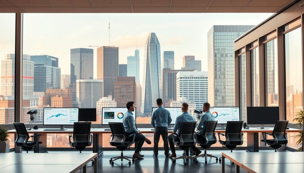 A detailed cityscape of Boston's financial district, with the iconic Prudential Tower and other high-rise buildings in the background. In the foreground, a modern, minimalist office space with sleek desks, ergonomic chairs, and large monitors displaying analytics dashboards and SEO metrics. The space is bathed in warm, natural lighting from floor-to-ceiling windows, creating a productive and collaborative atmosphere. In the middle ground, a team of SEO experts in casual business attire, deeply engaged in discussion, brainstorming strategies to drive organic traffic and improve online visibility for local Boston businesses. The overall scene conveys a sense of expertise, innovation, and the transformative power of Boston's SEO services.