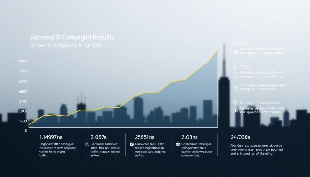 A detailed, data-driven infographic showcasing the successful results of an SEO campaign in the USA. A clean, minimalist layout with a sleek, modern aesthetic. The foreground features a line graph depicting the steady growth in organic traffic and search engine rankings over time. The middle ground highlights key performance metrics such as conversion rates, lead generation, and ROI. The background sets the scene with a subtle cityscape silhouette, evoking a sense of a thriving online business presence. Balanced lighting casts a professional, corporate tone, while a tight, close-up camera angle emphasizes the impactful visual storytelling. An inspiring example of SEO excellence, perfectly suited to illustrate the success stories within the article.