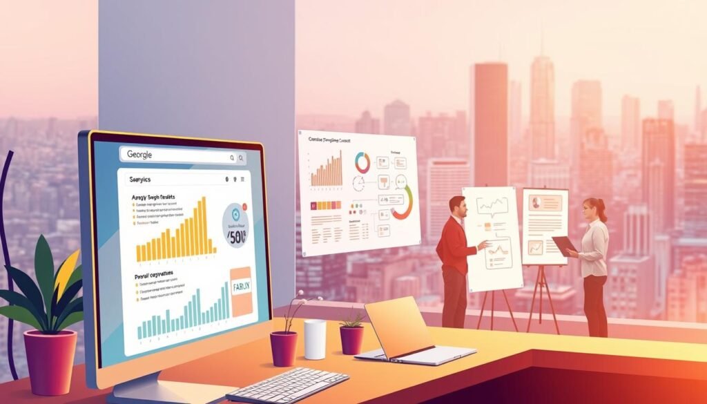 A detailed illustration of an SEO methodology workflow, featuring a vibrant and organized display. In the foreground, a computer monitor showcases a search engine results page, with data analytics charts and performance metrics overlaid. In the middle ground, a team of professionals collaborates, using whiteboards and laptops to strategize and optimize content. The background depicts a cityscape, representing the broader digital landscape in which the SEO methodology is applied. The lighting is warm and focused, creating a sense of productivity and progress. The overall composition conveys a comprehensive, data-driven approach to improving search rankings.