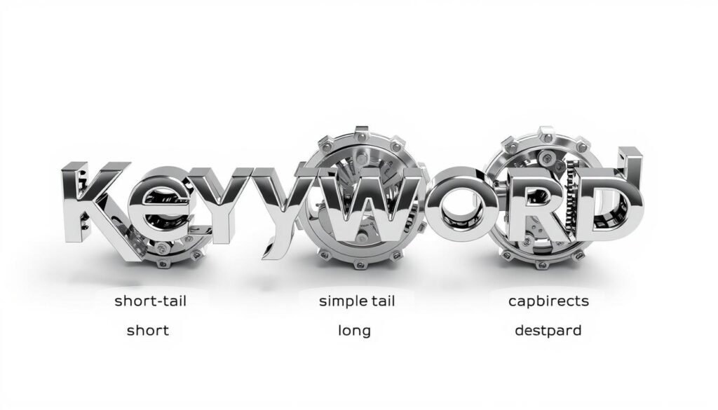A detailed, technical illustration of "keyword types" in the style of a technical diagram. The image shows three key types of keywords - short-tail, long-tail, and semantic keywords - arranged in a clear, organized layout. The keywords are depicted as shiny, chrome-like 3D objects, with intricate mechanical details and a sense of depth and scale. The background is a clean, minimalist white, with subtle use of light and shadow to highlight the subject. The overall mood is one of precision, clarity, and sophistication, reflecting the technical nature of the topic.