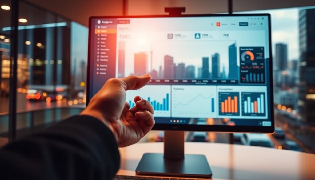 A digital analytics dashboard displayed on a sleek, minimalist computer monitor. The screen shows interactive graphs, charts, and analytics visualizations, conveying the power of data-driven marketing insights. In the foreground, a hand gestures towards the screen, highlighting key metrics. The background features a blurred cityscape, suggesting the urban, fast-paced world of modern business. The image is bathed in a warm, focused lighting, creating a sense of professionalism and innovation. The overall tone is one of optimization, efficiency, and the pursuit of maximizing ROI through advanced marketing analytics.