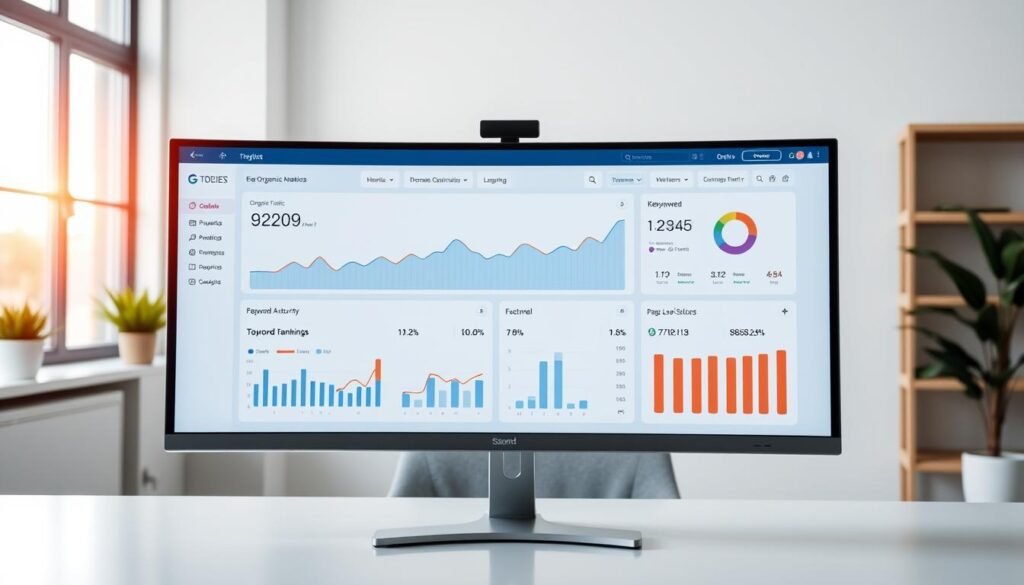 A digital analytics dashboard showcasing comprehensive SEO performance metrics, including organic traffic trends, keyword rankings, domain authority, and page-level optimization scores. The dashboard is displayed on a sleek, ultrawide computer monitor, surrounded by a minimalist office setting with a warm, diffused lighting from a large window in the background. The user interface is clean and intuitive, with dynamic charts and graphs that provide a clear, data-driven overview of the website's SEO health and opportunities for improvement. The overall mood is one of data-driven decision-making and continuous optimization to boost the site's online visibility and performance.