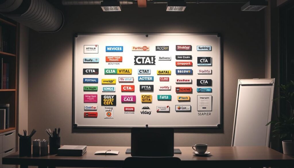 A dimly lit modern office space with a large whiteboard on the wall showcasing various CTA examples. The board features a collection of eye-catching CTA buttons, banners, and interactive elements in a range of colors, shapes, and styles. The foreground includes a few office supplies, a laptop, and a cup of coffee, setting the scene. The lighting is soft and directional, creating interesting shadows and highlights that accentuate the CTA designs. The overall atmosphere is one of creativity, productivity, and digital marketing inspiration.