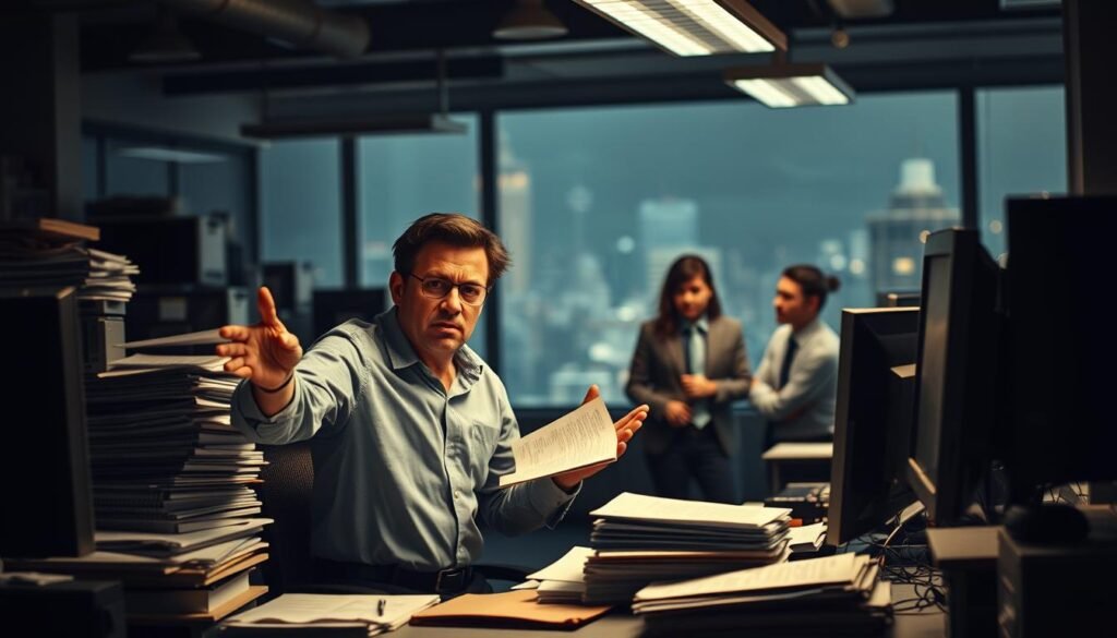 A dimly lit office space, the air thick with the smell of stale coffee and the hum of outdated computers. In the foreground, a frustrated marketing manager gestures exasperatedly, surrounded by a cluttered desk and a teetering stack of SEO reports. In the middle ground, a team of junior SEO specialists exchange concerned glances, their faces illuminated by the harsh glow of multiple monitors. The background is a blurred, non-descript cityscape, hinting at the broader consequences of poor SEO outsourcing decisions. The overall mood is one of tension, miscommunication, and a growing sense of missed opportunities.