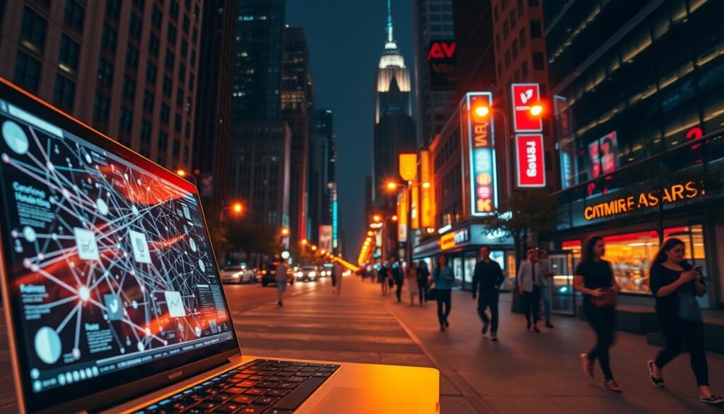 A dynamic cityscape illuminated by the warm glow of street lamps, showcasing the vibrant impact of professional local SEO services. In the foreground, a laptop displays an intricate web of interconnected data and analytics, reflecting the intricacies of optimizing a local business's online presence. The middle ground features a bustling sidewalk, with pedestrians actively engaging with their mobile devices, highlighting the importance of a strong digital footprint. In the background, towering skyscrapers and neon signs create a sense of urban energy, emphasizing the competitive nature of the local market. The overall scene conveys the transformative power of expert local SEO, elevating a business's visibility and driving customer engagement within the local community.