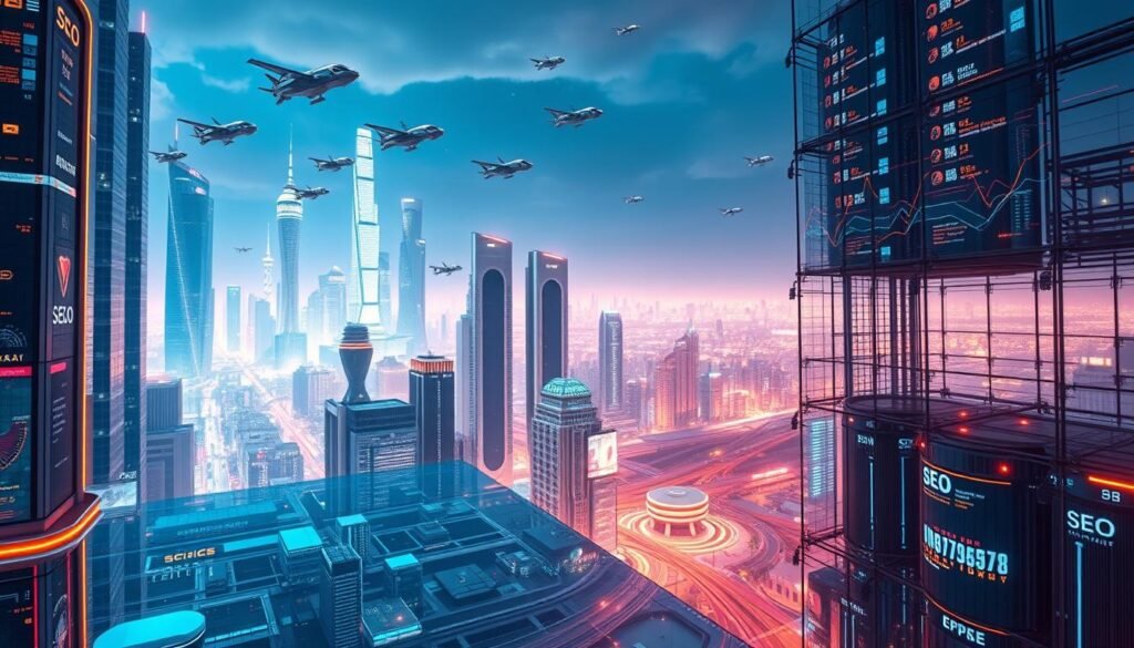 A futuristic cityscape with towering skyscrapers and flying autonomous vehicles, bathed in an ethereal glow of neon lights and holographic displays. In the foreground, a sleek, transparent interface showcasing advanced SEO analytics and strategies, operated by a team of tech-savvy digital marketers. The middle ground features a bustling hub of innovation, with AI-powered content creation and optimization tools. In the background, a sprawling network of interconnected data centers, processing vast amounts of real-time information to inform the next generation of SEO services. The scene conveys a sense of technological progress, efficiency, and the seamless integration of digital marketing with the urban landscape of the future.