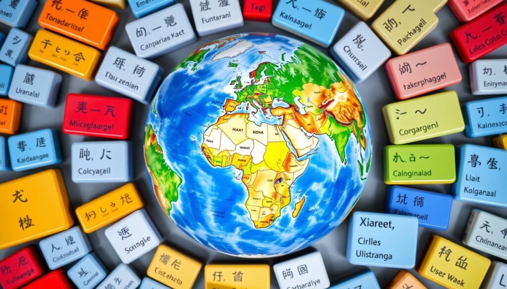A globe with different language keyboards surrounding it.