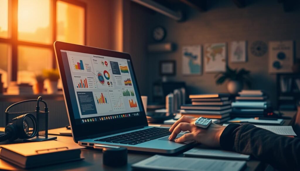 A high-contrast, cinematic image of a modern office workspace, bathed in warm, directional lighting from a large window. In the foreground, a laptop screen displays a visual representation of keyword research techniques - colorful graphs, mind maps, and data visualizations. On the desk, various office supplies, books, and digital devices create a cluttered yet organized composition, hinting at the complexity of the subject matter. The middle ground features a person, seated and deeply engaged with the research process, fingers poised over the keyboard. The background blurs out, emphasizing the focus on the research tools and techniques at hand. An overall atmosphere of diligence, problem-solving, and intellectual exploration pervades the scene.