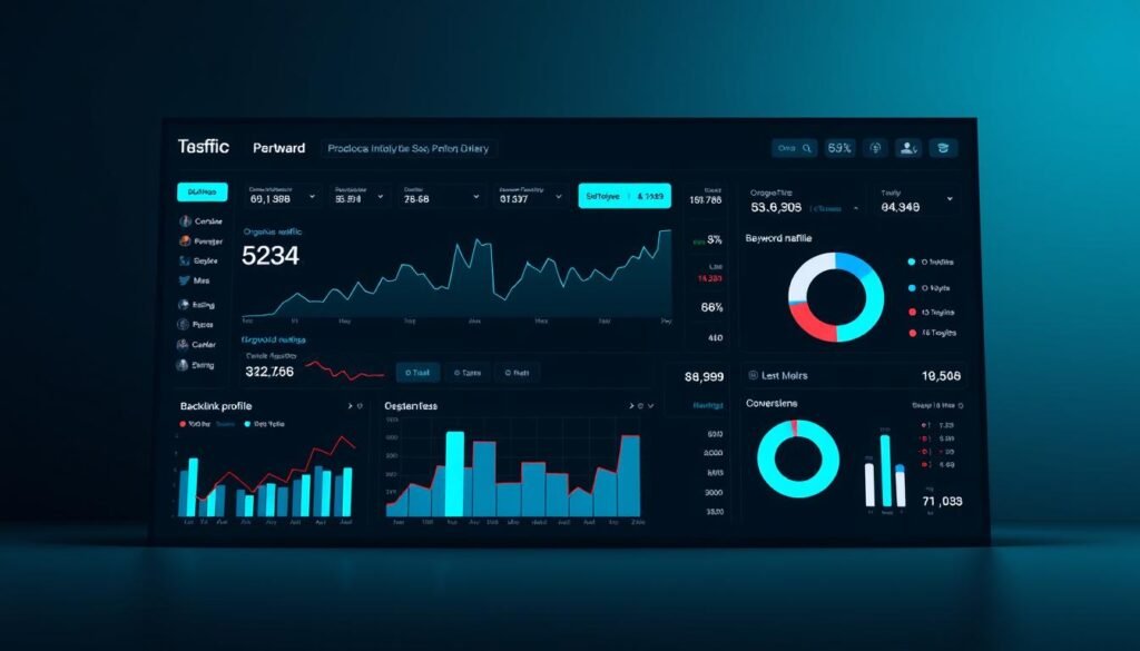 A high-contrast digital dashboard displaying a range of SEO performance metrics, including website traffic, organic search rankings, keyword positions, backlink profile, and conversion rates. The dashboard is rendered in a sleek, minimalist style with clean typography and intuitive data visualization techniques like line graphs, bar charts, and pie charts. The layout is balanced and the information is presented in a clear, easy-to-digest format, allowing the viewer to quickly assess the overall health and progress of the website's SEO strategy. The scene is illuminated by cool-toned directional lighting, creating depth and emphasizing the digital elements. The background is a gradient of muted shades, keeping the focus on the central data display.