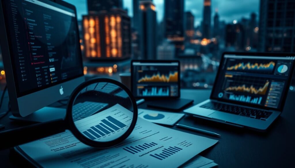 A high-contrast, wide-angle shot of a digital workspace, with a desktop computer, laptop, and various digital analysis tools arranged neatly. The foreground features a magnifying glass hovering over a detailed report, highlighting key metrics and insights. The middle ground showcases a variety of graphs, charts, and dashboards displaying SEO data, competitor rankings, and content performance. The background depicts a blurred cityscape, conveying the sense of a bustling digital landscape. The lighting is cool and moody, with a touch of dramatic shadows, creating a serious, analytical atmosphere.