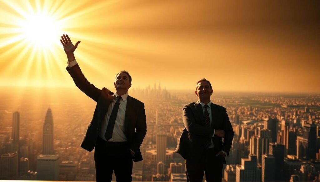 A high-key, cinematic scene of successful business leaders transforming their enterprises. In the foreground, three CEOs in sharp suits stand confidently, hands raised as if unveiling a new vision. Powerful beams of light emanate from behind them, casting dramatic shadows and illuminating their determined expressions. In the middle ground, a sprawling cityscape recedes into the distance, symbolizing the scope of their influence. The background is bathed in a warm, golden glow, conveying a sense of prosperity and progress. The overall mood is one of ambition, innovation, and impactful change.