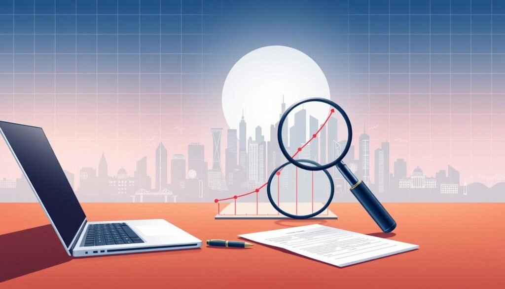 A high-quality digital illustration depicting the cost-value relationship of a digital marketing association. In the foreground, an executive-style desk with a laptop, pen, and notepad. On the desk, a magnifying glass hovers over a graph showing the association's fees and the perceived value it provides. The middle ground features a stylized cityscape with digital marketing icons, symbolizing the association's role in the industry. The background has a soft, gradient-filled sky with subtle grid lines, evoking a technological and analytical atmosphere. The lighting is clear and crisp, with a slight directional source to create depth and dimension. The overall tone is professional, with a focus on data-driven decision making.