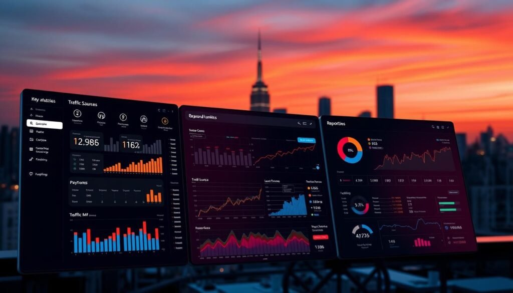 A high-tech dashboard displaying comprehensive SEO analytics and reporting tools. In the foreground, a sleek, minimalist interface showcases key performance metrics, traffic sources, and keyword rankings. The middle ground features detailed graphs, charts, and visualizations providing in-depth insights. In the background, a city skyline at dusk with a vibrant orange-purple gradient sky, creating a professional, cutting-edge atmosphere. Lighting is balanced, with a soft, directional glow illuminating the data displays. The camera is positioned to capture an angled, dynamic view of the workspace, emphasizing the power and sophistication of the SEO analytic suite.