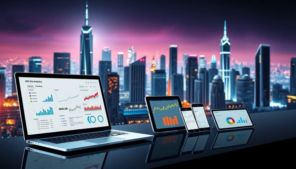 A high-tech data visualization dashboard showcasing comprehensive SEO analytics. In the foreground, a sleek laptop screen displays a clean, minimalist interface with interactive charts, graphs, and performance metrics. The middle ground features an array of devices like tablets and smartphones, each providing a different view of the analytics data. In the background, a futuristic cityscape with towering skyscrapers and a vibrant, neon-lit skyline sets the scene. Bright, directional lighting casts dramatic shadows, creating a sense of depth and dynamism. The overall mood is one of technological sophistication, data-driven insights, and digital optimization.