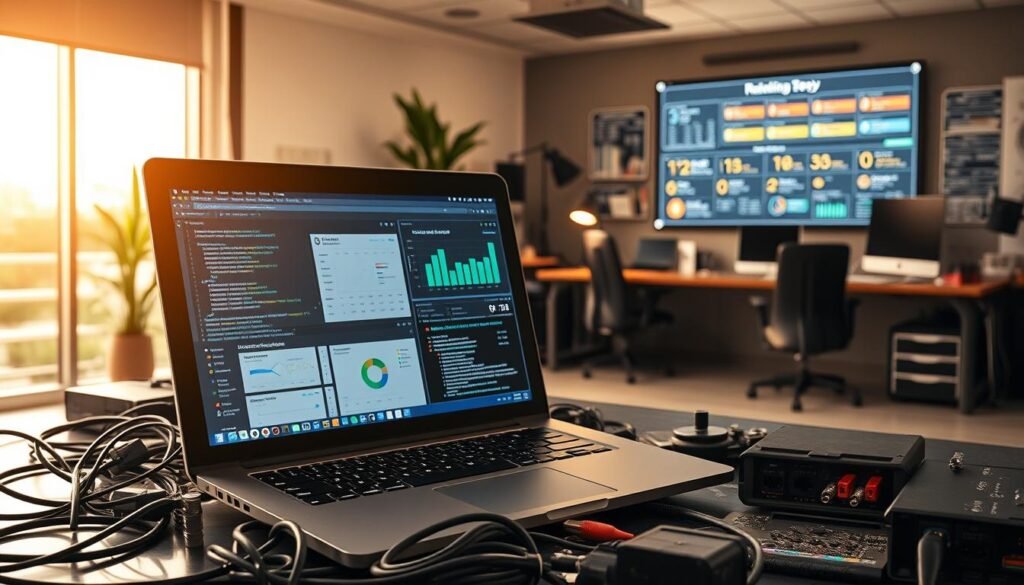 A meticulously designed scene showcasing the essence of Technical SEO Excellence. In the foreground, a cutting-edge laptop displays intricate code and analytics dashboards, surrounded by various hardware components, cables, and tools of the trade. The middle ground features a well-organized workspace with ergonomic furniture and strategic lighting, creating a productive atmosphere. In the background, a wall-mounted display presents a comprehensive SEO strategy, highlighting key performance indicators and optimization tactics. The scene is bathed in a warm, focused light, conveying a sense of expertise, efficiency, and the pursuit of online visibility excellence. The overall composition effectively illustrates the technical foundations necessary to achieve superior search engine rankings.