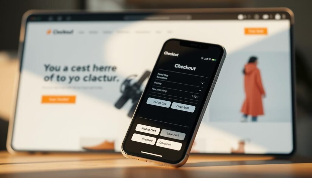 A mobile device with a streamlined, intuitive checkout interface set against a blurred background of a modern, minimalist e-commerce website. The device is bathed in warm, natural lighting, creating a sense of ease and accessibility. The checkout process features clean, uncluttered design elements, with prominent "Add to Cart" and "Proceed to Checkout" buttons guiding the user's journey. The overall atmosphere conveys a seamless, mobile-optimized shopping experience that prioritizes user convenience and conversion.