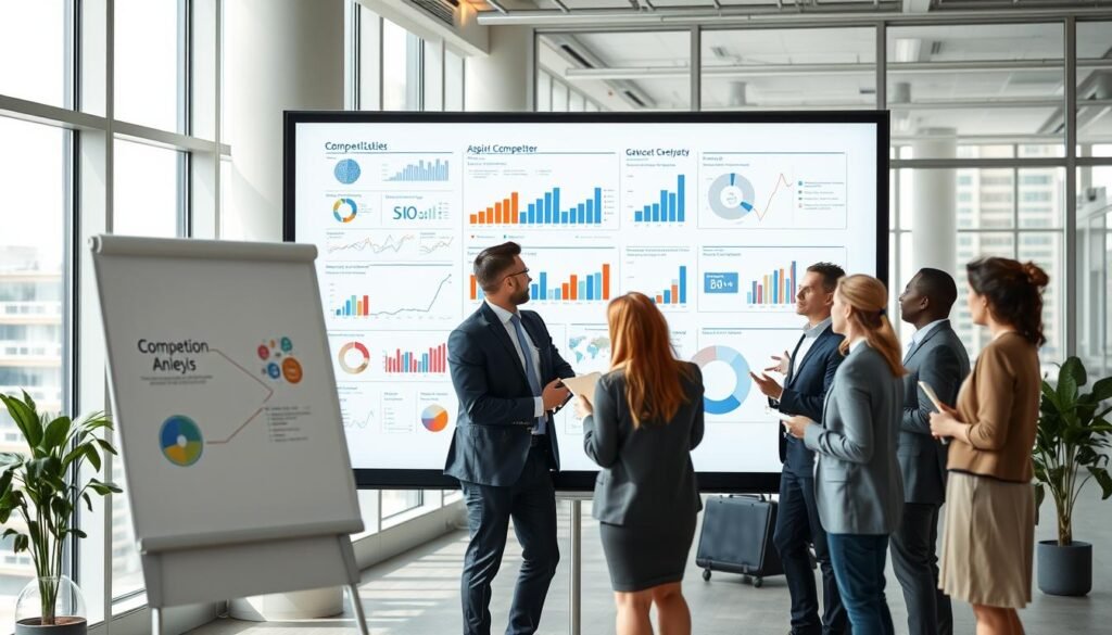 A modern office setting with a large whiteboard or presentation screen taking up the foreground. On the screen, various business charts, graphs, and data visualizations are displayed, representing the key elements of a comprehensive competitor analysis. In the middle ground, a team of professionals in business attire are engaged in a lively discussion, gesturing towards the screen and taking notes. The background features floor-to-ceiling windows, allowing natural light to flood the space and create a sense of productivity and collaboration. The overall atmosphere is one of careful examination, strategic planning, and a drive to gain a competitive edge.