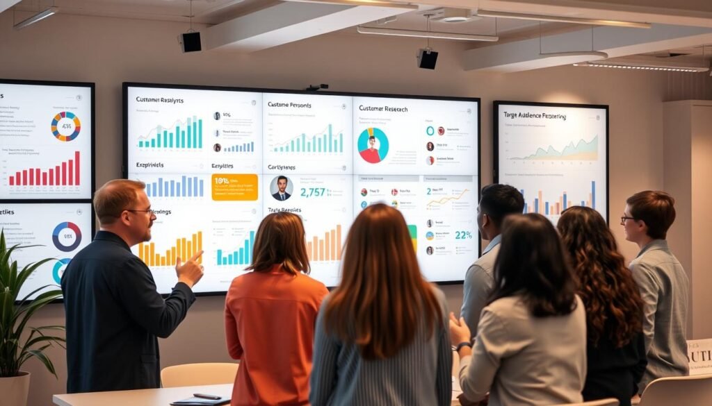 A modern office workspace with a large wall display showcasing various data analytics and customer research insights. The display features charts, graphs, and customer personas highlighted with bright colors and clean typography. In the foreground, a team of diverse professionals is engaged in a collaborative discussion, gesturing towards the data on the screen. Soft, diffused lighting creates a warm, focused atmosphere, conveying a sense of productive research and analysis. The scene is captured from a slightly elevated angle, providing a comprehensive view of the workspace and the team's engagement with the target audience research materials.