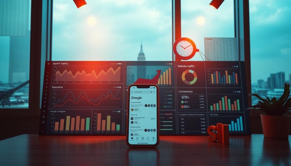 A modern, sleek dashboard displaying insightful SEO metrics and analytics, illuminated by warm, directional lighting from overhead. In the foreground, a series of line graphs, pie charts, and KPI indicators highlighting website traffic, keyword rankings, and conversion rates. The middle ground features a responsive mobile device showcasing search engine result pages, with a city skyline visible through the window in the background, representing the local businesses in Mumbai. The overall atmosphere is one of data-driven success and digital optimization, conveying the impact of effective SEO services for enterprises in the bustling Mumbai market.