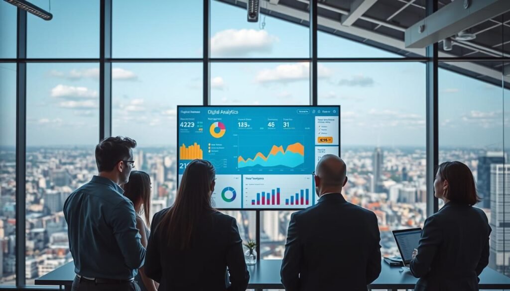 A modern, well-lit office space showcases a successful digital marketing analytics dashboard. In the foreground, a team of professionals intently study the insights and metrics displayed on a large, high-resolution touchscreen monitor. The middle ground features colorful graphs, charts, and data visualizations illustrating key performance indicators for web traffic, social media engagement, and campaign ROI. The background depicts a panoramic view of a bustling cityscape through floor-to-ceiling windows, conveying a sense of progress and achievement. The overall scene exudes a tone of professional expertise, informed decision-making, and digital marketing success.