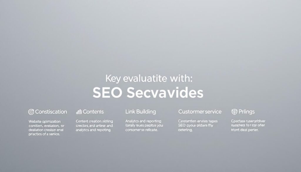 A neatly organized infographic set against a minimalist gray backdrop. In the foreground, a series of icons and simple illustrations that represent the key evaluation criteria for SEO service providers: website optimization, content creation, link building, analytics and reporting, customer service, and pricing. In the middle ground, clean typography lays out the criteria titles and brief descriptions. The overall composition is balanced, visually appealing, and conveys a sense of professionalism and authority suitable for an article on evaluating SEO services.