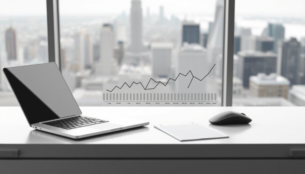 A pristine white office desk with a sleek laptop, a modern wireless mouse, and a crisp legal pad. Atop the desk, a stylized graph or chart depicting web traffic analytics and SEO performance metrics, rendered in a minimalist monochrome color scheme. The background features a blurred panoramic view of a bustling city skyline, conveying a sense of professionalism and data-driven efficiency. The lighting is soft and diffused, evoking a contemporary, high-tech aesthetic. The overall scene exudes a polished, enterprise-level atmosphere suitable for a white label reporting and client management solution.