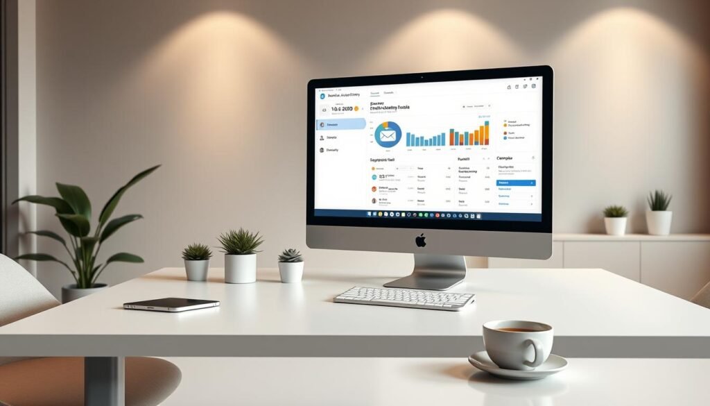 A professional, elegant office setting with a large desk, a desktop computer, and a smartphone. On the screen, an email marketing automation dashboard is displayed, showcasing real-time data, segmentation tools, and campaign management features. The desk is minimalist, with a few potted plants and a cup of coffee adding a touch of warmth. The lighting is soft and indirect, creating a calm and focused atmosphere. The background is a neutral, muted palette, allowing the technology and automation elements to take center stage. High-quality, photorealistic rendering with a shallow depth of field, emphasizing the key details.