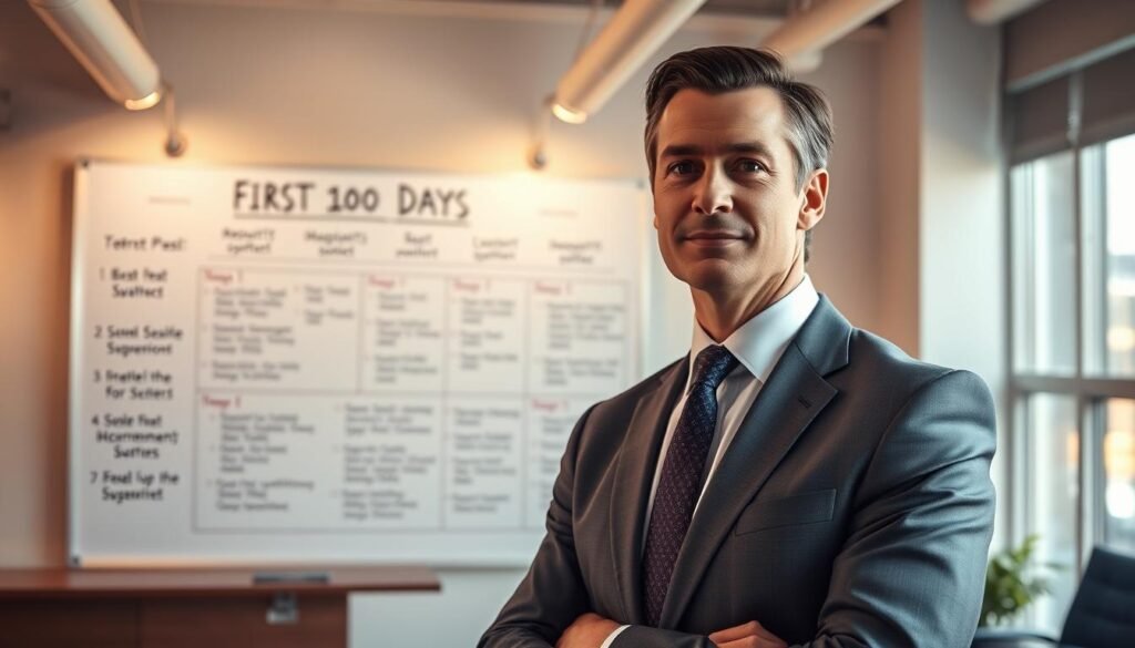 A professional executive in a suit and tie, confidently standing in an airy, modern office with large windows. The CEO's face is visible, exuding determination and focus. In the background, a whiteboard displays a meticulously planned "First 100 Days" strategy, with key milestones and objectives. The lighting is warm and directional, accentuating the executive's presence and the sense of strategic purpose. The overall atmosphere conveys a blend of ambition, clarity, and a commitment to driving the business forward.