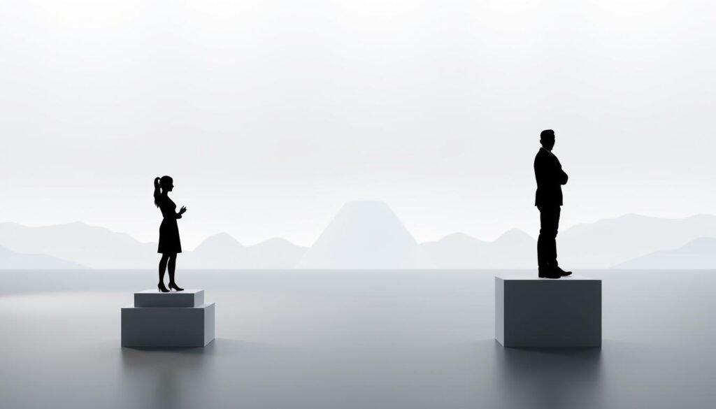 A serene, minimalist scene depicting "influencer tiers" in a stylized, infographic-like manner. In the foreground, three distinct silhouettes of influencers, each representing a different tier: micro, mid-tier, and macro. The figures are positioned on elevated platforms, with the macro influencer the tallest and most prominent. The middle ground features a clean, geometric backdrop with subtle gradient patterns, conveying a sense of digital landscape. The lighting is soft and diffused, creating a calm, professional atmosphere. The image is captured from a slightly elevated angle, giving it an authoritative, bird's-eye view perspective. The overall design is sleek, modern, and visually striking, effectively communicating the concept of "influencer tiers" for the article section.