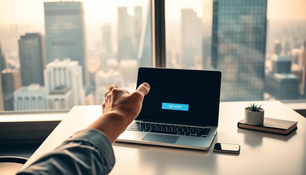 A serene office setting with a minimalist desk, a laptop, and a smartphone. In the foreground, a person's hand gestures towards a glowing call-to-action button on the laptop screen. The background features a large window overlooking a bustling city skyline, bathed in warm, natural lighting. The mood conveys a sense of focus, clarity, and the psychology of persuasive digital marketing strategies.