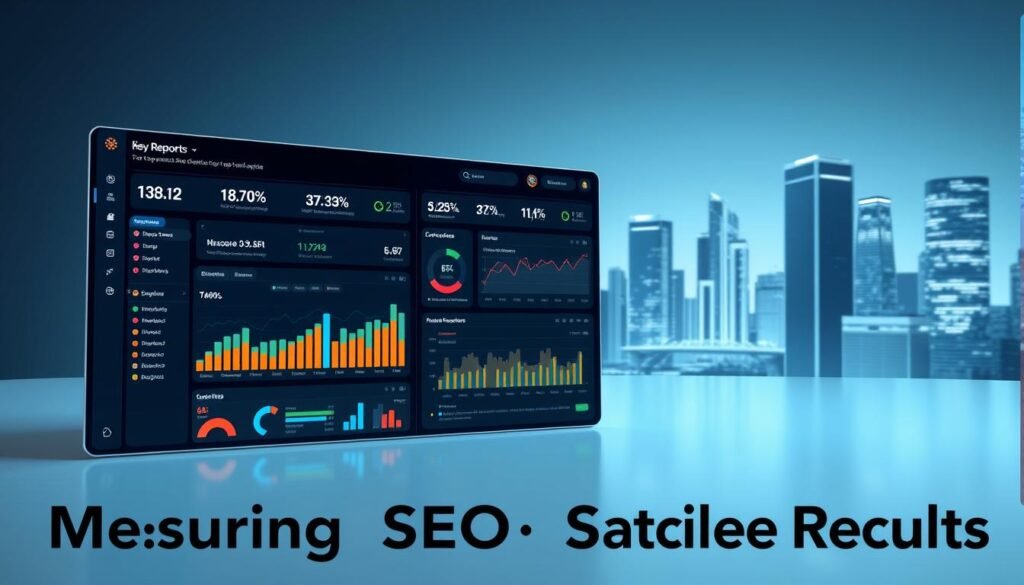 A sleek, modern SEO reporting dashboard presented in a 3D digital space. In the foreground, a seamless interface displays key performance metrics, traffic sources, and optimization recommendations. The middle ground features interactive data visualizations, charts, and graphs, illuminated by soft, directional lighting. In the background, a minimalist cityscape backdrop with clean lines and contemporary architecture suggests the digital, data-driven nature of the subject. The overall atmosphere is one of clarity, efficiency, and data-driven decision-making, reflecting the theme of "Measuring SEO Success: Data-Driven Results".