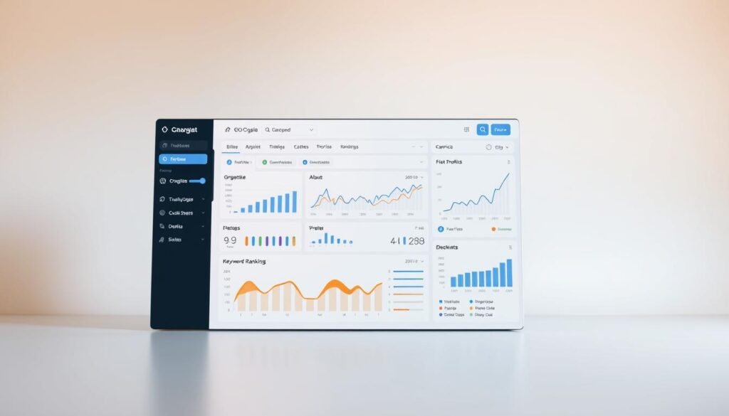 A sleek, modern SEO reporting dashboard set against a clean, minimalist background. In the foreground, an intuitive interface with interactive charts, graphs, and data visualizations showcasing key SEO metrics such as organic traffic, keyword rankings, and backlink profiles. The dashboard is bathed in a soft, warm light, creating a professional and analytical atmosphere. In the middle ground, subtle UI elements and navigation controls allow the user to seamlessly navigate and analyze the data. In the background, a subtle gradient or texture adds depth and visual interest without distracting from the main focus. The overall composition communicates a sense of clarity, control, and data-driven decision-making for optimizing SEO performance.