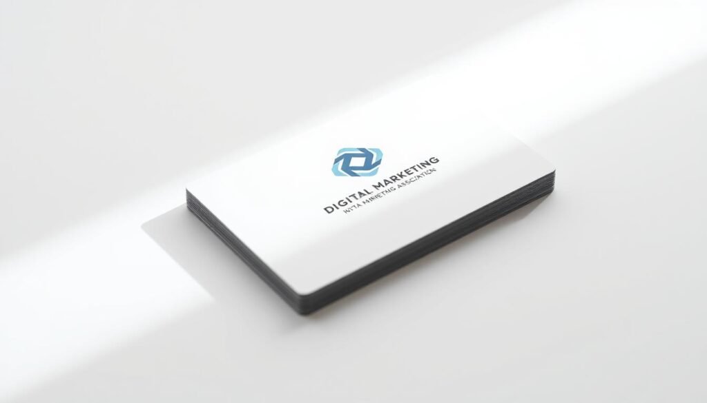 A sleek, modern digital marketing association membership card rests on a minimalist, white background. The card's edges are crisp, its surface gleaming with a subtle metallic sheen. The association's logo, a dynamic, geometric symbol, is prominently displayed, radiating a sense of professionalism and digital expertise. Soft, directional lighting casts gentle shadows, adding depth and dimensionality to the composition. The overall mood is one of high-tech sophistication, reflecting the progressive, forward-thinking nature of the digital marketing industry.