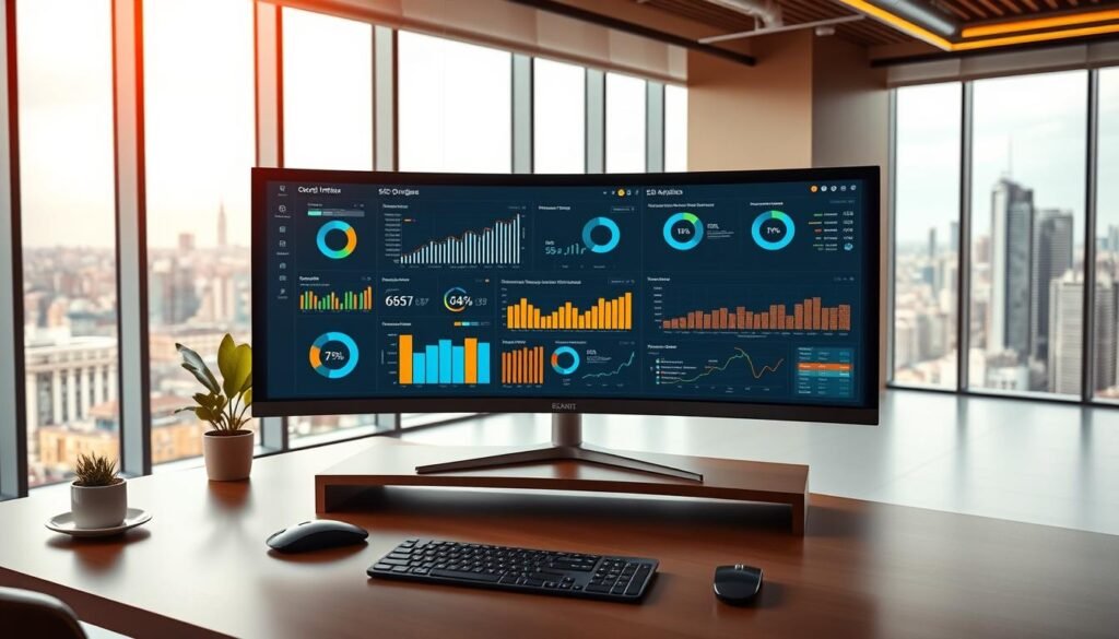 A sleek, modern office setting with a large, curved computer monitor displaying intricate SEO analytics dashboards and reporting graphs. The foreground features a minimalist, ergonomic desk with a wireless mouse and keyboard, alongside a cup of coffee and a small potted plant. The middle ground showcases a large, high-resolution monitor with crisp, detailed data visualizations, highlighting key SEO performance metrics such as organic traffic, keyword rankings, and conversion rates. The background has floor-to-ceiling windows overlooking a vibrant city skyline, bathed in warm, natural lighting that casts a soft glow across the scene. The overall atmosphere is one of productivity, efficiency, and data-driven decision making.