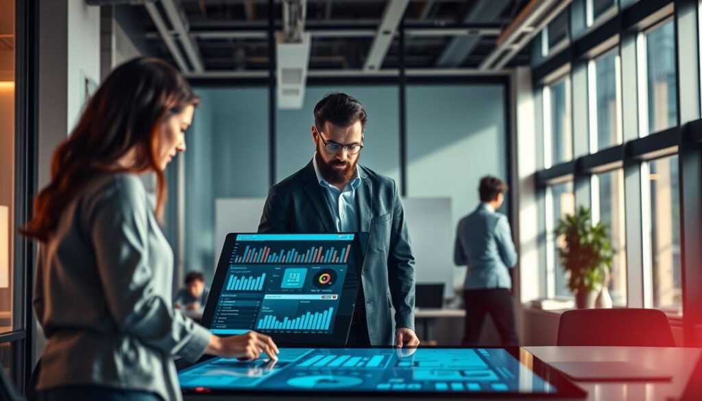 A strategic outsourcing plan for search engine optimization (SEO) unfolds in a modern office setting. In the foreground, a team collaborates over a large touchscreen display, reviewing performance metrics and brainstorming optimization tactics. The middle ground features a project manager overseeing workflow, while the background showcases a stylish, minimalist workspace with floor-to-ceiling windows bathed in soft, natural lighting. An atmosphere of focused productivity and seamless collaboration permeates the scene, hinting at the efficiency and expertise of the outsourced SEO strategy.