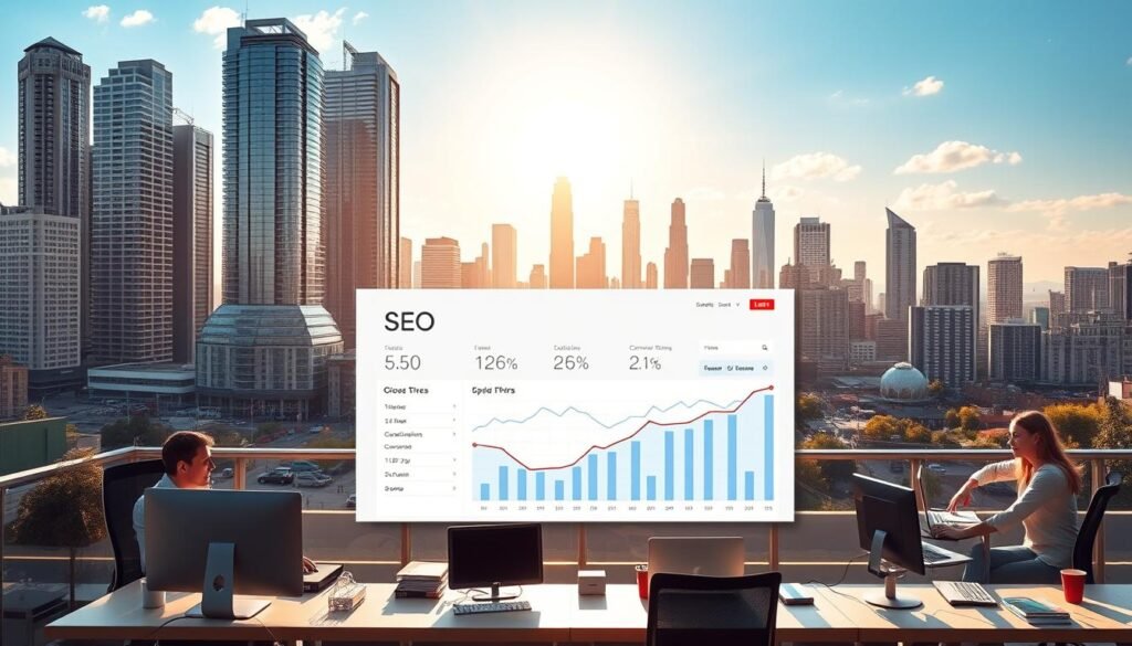 A sun-drenched success story, a bustling cityscape with towering skyscrapers in the background. In the foreground, a vibrant, contemporary office space filled with motivated professionals collaborating at their desks, surrounded by sleek technology and productivity-enhancing tools. The middle ground features a large, stylized SEO dashboard displaying impressive growth metrics, conversion rates, and search engine rankings. Soft, warm lighting illuminates the scene, creating a sense of professional accomplishment and digital prowess. The overall mood is one of energy, innovation, and a palpable feeling of online dominance.