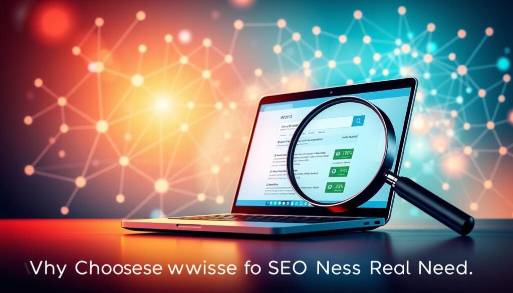A vibrant and dynamic illustration showcasing the key elements of SEO services. In the foreground, a sleek laptop displays a search engine results page, reflecting the importance of web visibility. The middle ground features a magnifying glass, symbolizing the analysis and optimization of online content. In the background, a network of interconnected nodes and lines represents the complex web of search engine algorithms and data. The scene is bathed in a warm, soft light, conveying a sense of professionalism and expertise. The overall composition emphasizes the strategic and technical nature of SEO, perfectly aligning with the section title "Why Choose Growwwise for Your SEO Needs".