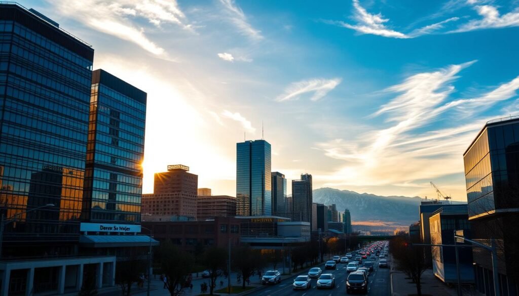 A vibrant and modern city skyline with the iconic silhouette of the Rocky Mountains in the background. In the foreground, a trio of sleek office buildings featuring contemporary architectural elements and reflective glass facades. Sunlight filters through wispy clouds, casting warm hues and long shadows across the scene. In the midground, a busy city street bustles with pedestrians and vehicles, highlighting the dynamic energy of Denver's thriving business district. The overall mood is one of growth, innovation, and professional excellence - an ideal setting to showcase the expertise and capabilities of "Denver SEO Services".