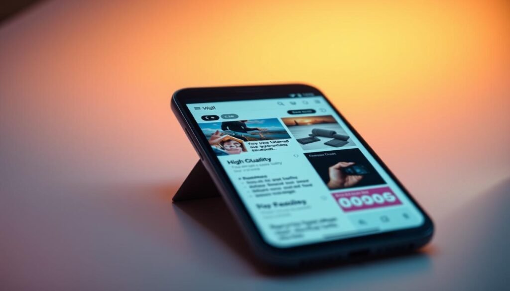 A vibrant and modern mobile device display showcasing a visually appealing content layout, with clean typography, high-quality images, and intuitive user interface elements. The screen is backlit with a soft, warm glow, creating a pleasant and inviting atmosphere. The device is angled slightly, captured in a 3/4 view to highlight the responsive design and ease of use. The background features a subtle gradient, adding depth and sophistication to the overall composition. The lighting is well-balanced, creating depth and emphasizing the various content components. The overall scene conveys a sense of efficiency, engagement, and digital optimization for mobile users.