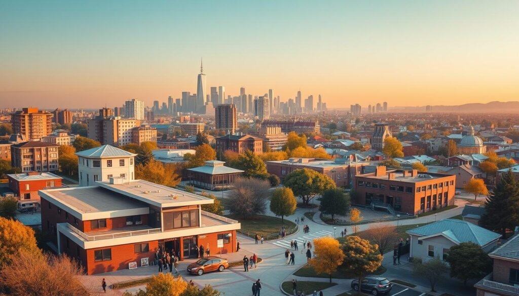 A vibrant cityscape, where diverse social services intertwine seamlessly. In the foreground, a warm, welcoming community center stands, its modern architecture reflecting the integration of essential support systems. Surrounding it, a network of interconnected pathways and buildings, each representing a different aspect of social welfare - a healthcare clinic, an employment office, a childcare facility, and a senior center. The mid-ground is alive with people of all ages and backgrounds, moving between these hubs, their faces radiating a sense of unity and belonging. In the distance, a skyline of skyscrapers and homes, bathed in soft, golden light, symbolizing the holistic approach to addressing the community's needs. An atmosphere of harmony, collaboration, and empowerment pervades the scene.