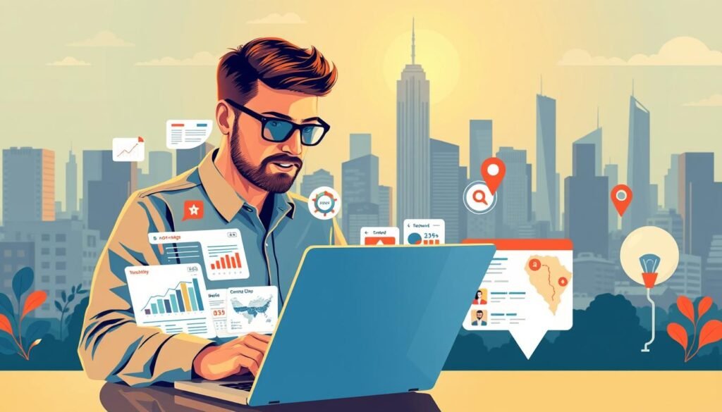 A vibrant collage showcasing the four fundamental types of SEO - on-page, off-page, technical, and local. In the foreground, a search engine optimization expert examines detailed analytics and keyword data on a sleek laptop, surrounded by UI elements like charts, graphs, and website preview windows. In the middle ground, various SEO tactics are depicted - content optimization, backlink building, site speed improvements, and local business listings. The background features a cityscape with tall skyscrapers and a radiant sun, symbolizing the global reach and impact of effective search engine optimization. Warm lighting, a dynamic composition, and a sense of depth create a polished, professional illustration.