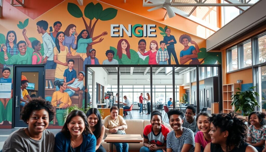 A vibrant community center, its façade adorned with a warm, welcoming mural depicting diverse individuals engaged in various activities. The foreground showcases a group of smiling people of different ages and backgrounds, representing the inclusive nature of the ENGIE Community Support program. In the middle ground, a cozy seating area invites visitors to gather and connect, while the background features a modern, well-equipped interior filled with natural light streaming through large windows. The overall scene conveys a sense of inclusivity, empowerment, and the positive impact of ENGIE's community initiatives in North America.
