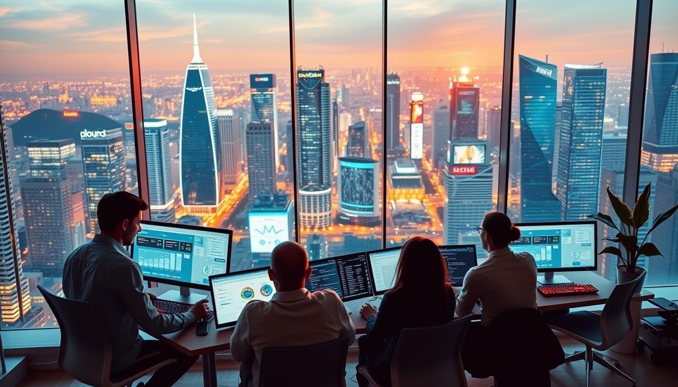 A vibrant, dynamic digital marketing company set against a sleek, modern cityscape. In the foreground, a team of creatives collaborates on a cutting-edge campaign, their screens aglow with data visualizations and design concepts. The middle ground features a state-of-the-art office space, with floor-to-ceiling windows overlooking the bustling metropolis beyond. In the background, a cityscape of gleaming skyscrapers and neon-lit billboards, conveying the fast-paced, tech-driven nature of the industry. Warm, energetic lighting illuminates the scene, creating a sense of productivity and innovation. The overall atmosphere is one of a forward-thinking, tech-savvy digital marketing firm at the forefront of its field.